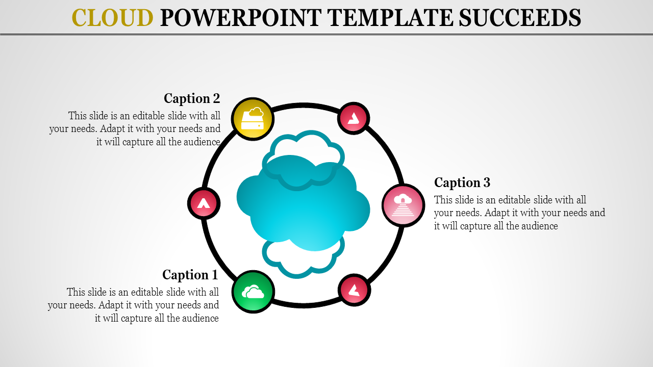 Cloud PowerPoint template in a circular model with colorful icons, captions, and placeholder text.