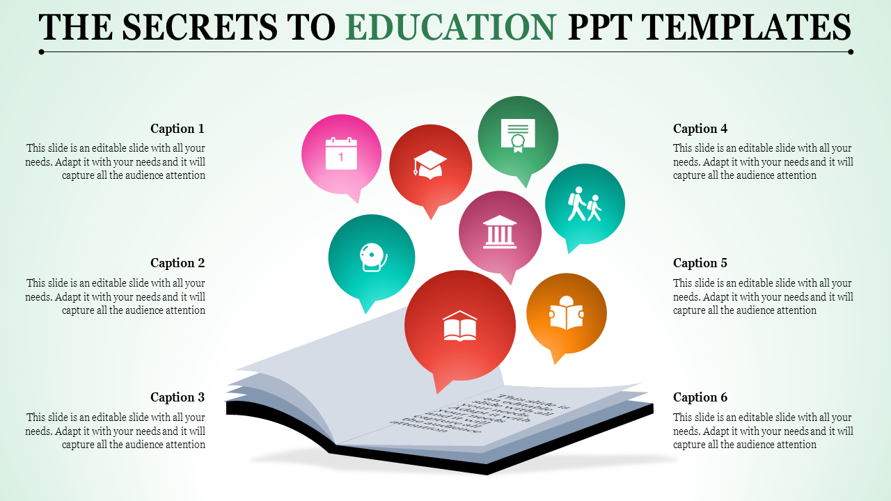 Open book at the bottom with colorful speech bubbles above, each with education related icons, surrounded by six captions.