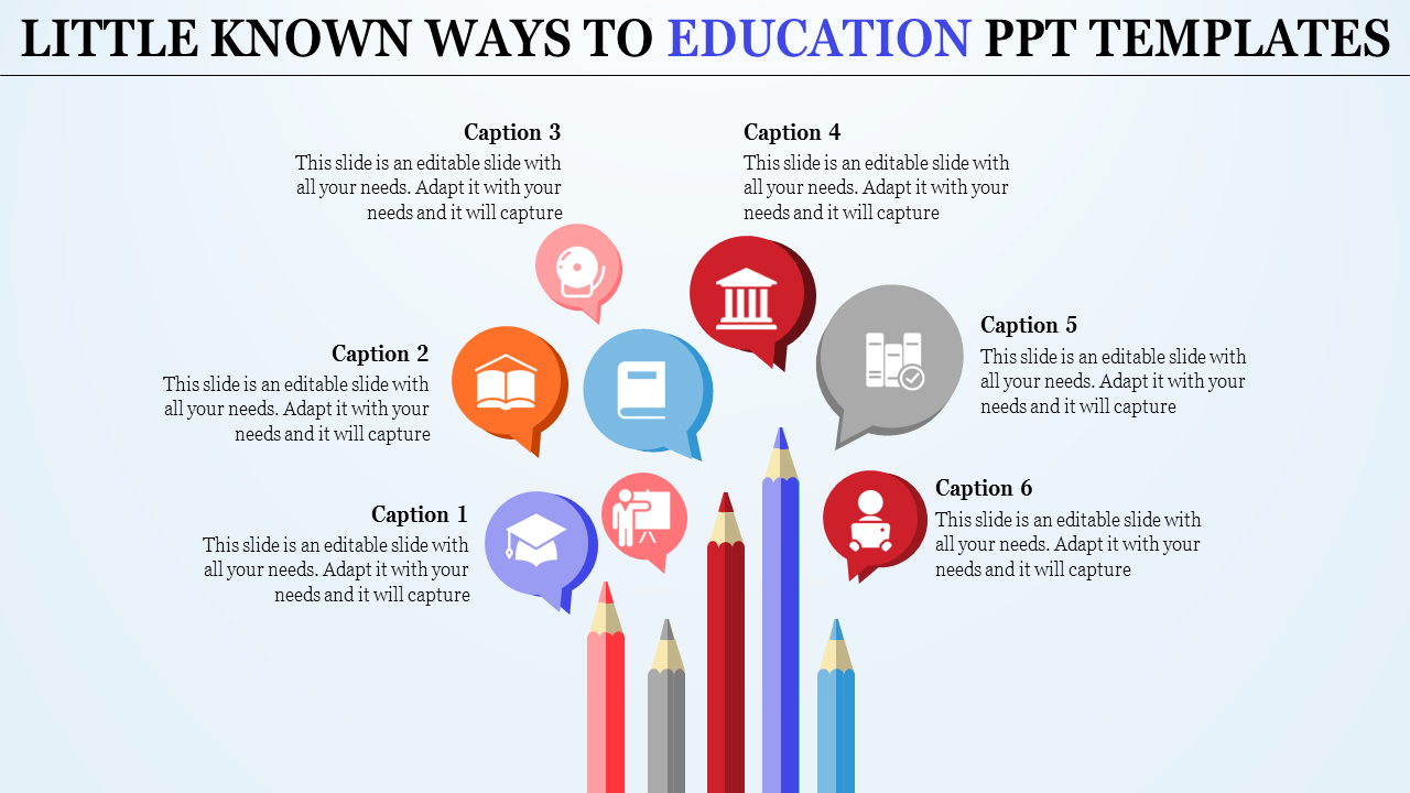 A slide showing colorful pencils and speech bubbles with education icons, including books, graduation caps, and a classroom.