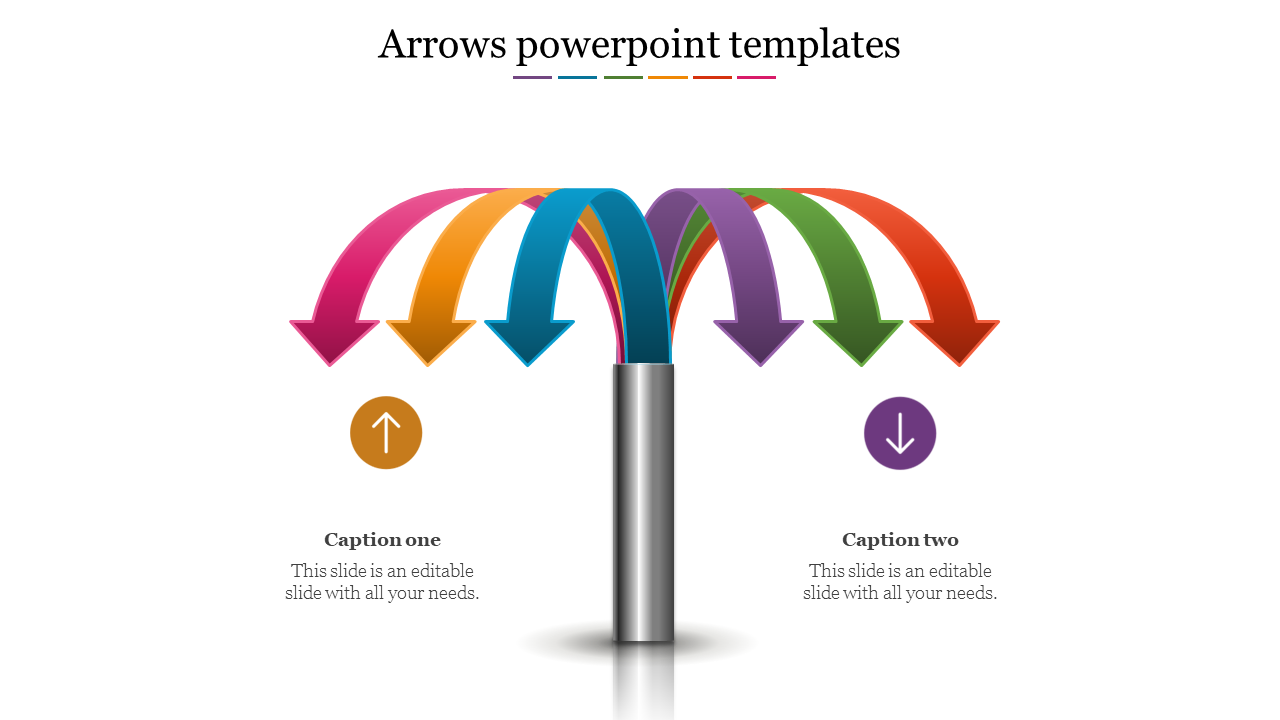 PPT slide showing colorful arrows pointing in different directions, with icons indicating upward and downward movements.