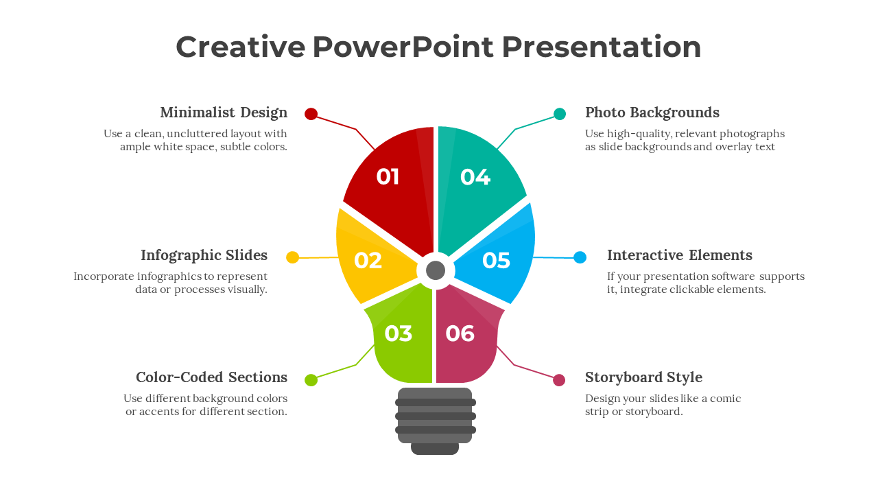 Creative PPT design slide with a lightbulb shaped diagram, divided into six colorful sections representing presentation tips.