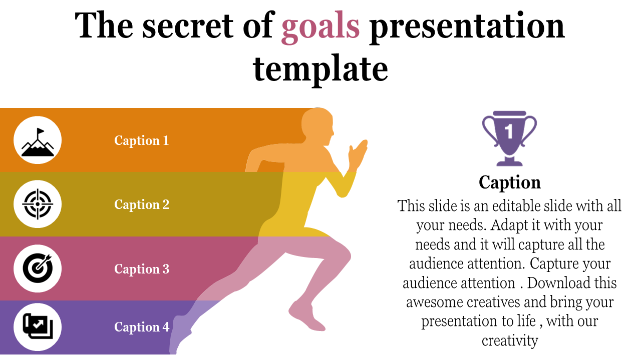 Goal oriented PowerPoint slide with a runner, depicting the journey towards success with icons for goals and progress.