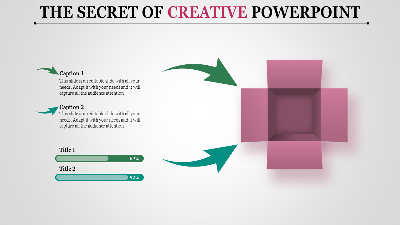 Creative PowerPoint template featuring a pink open box with arrows and progress bars with captions.