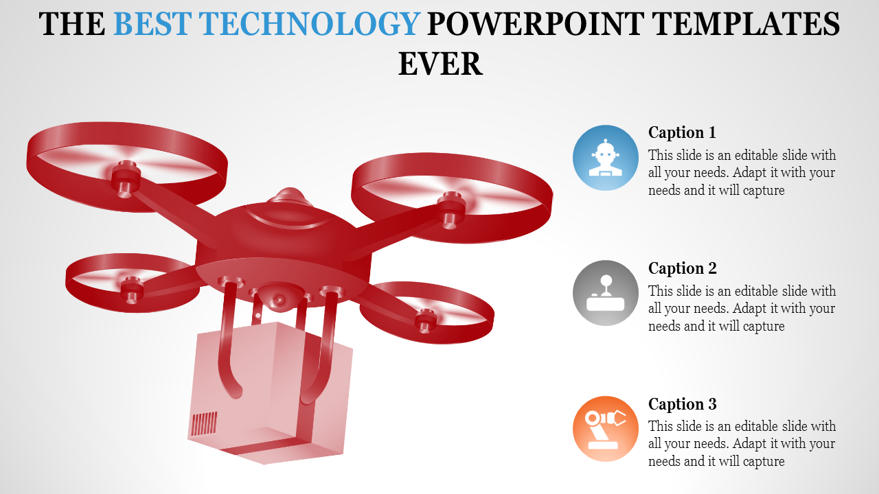 Technology PowerPoint template featuring a red drone with captions about innovation and technology.