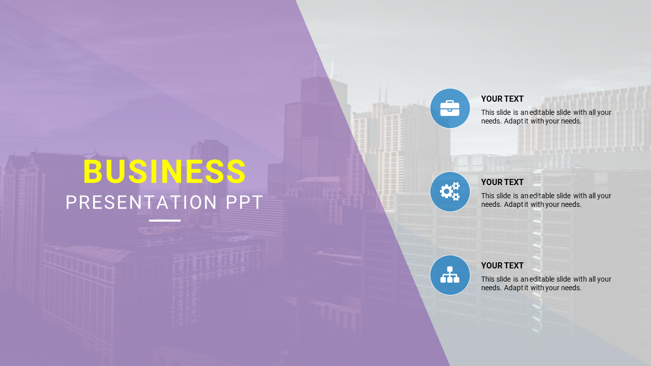 Business PowerPoint slide featuring a cityscape background with space for custom text and icons.