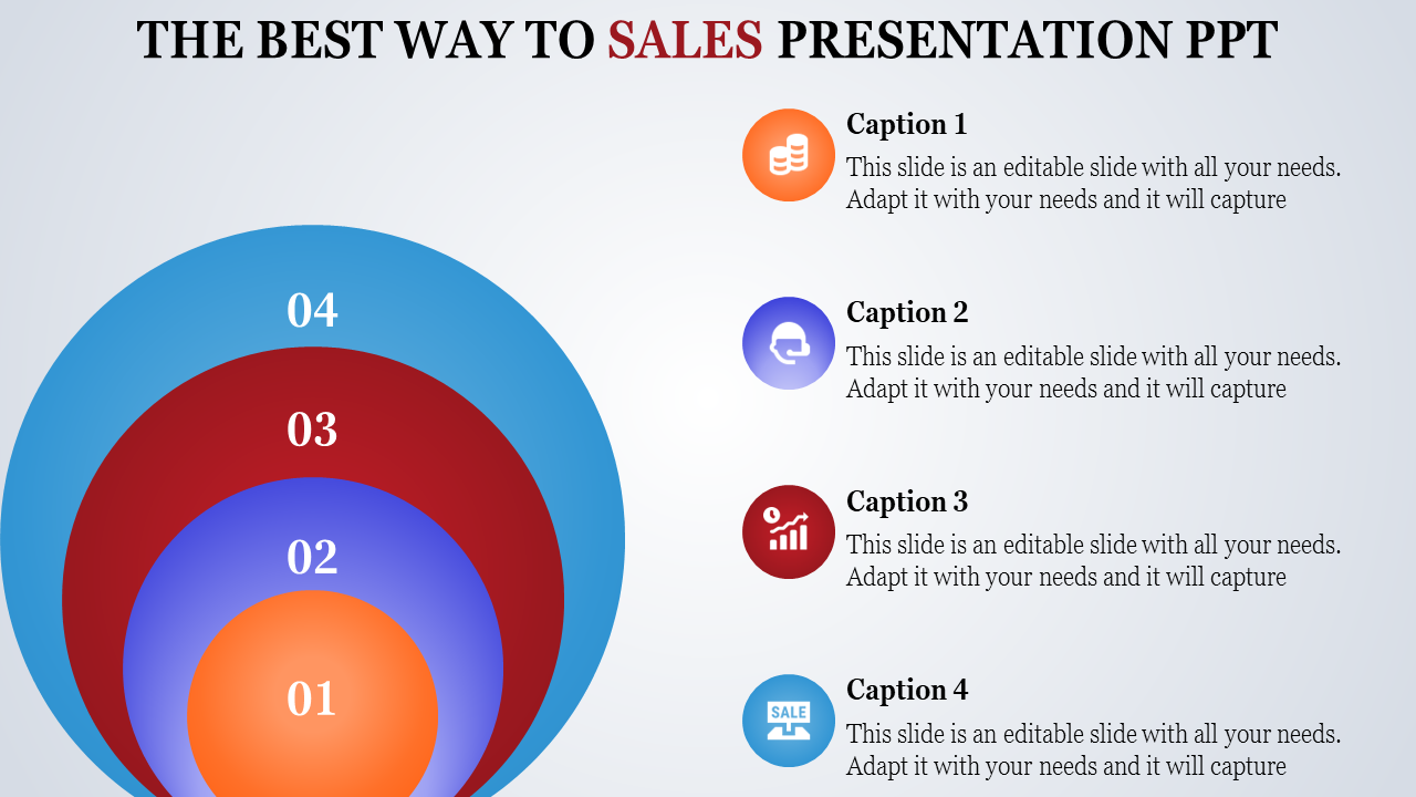 Colorful sales presentation slide with concentric circles numbered 1 to 4, and placeholders for text and icons.