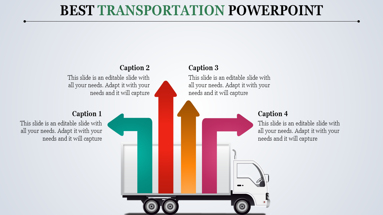 PowerPoint slide featuring a delivery truck with colorful arrows symbolizing transportation flow and captions.