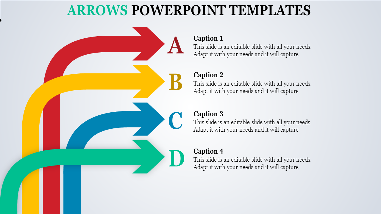 Creative arrows PowerPoint slide with multi colored arrows and labeled captions.