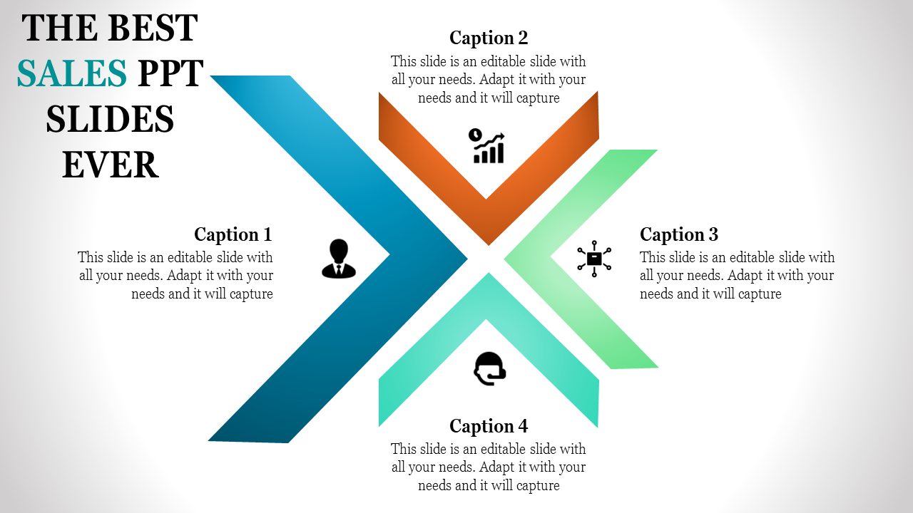 Sales slide featuring an X shaped infographic with four colored segments in blue, orange, green, and teal, with captions.