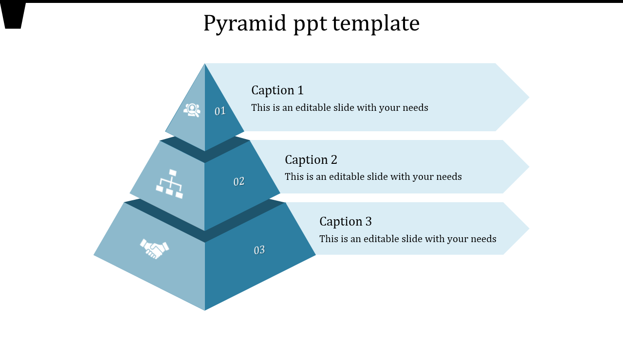 3D blue pyramid with three stacked layers, each connected to horizontal text boxes.