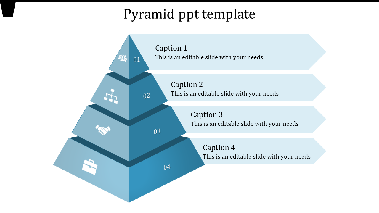 Pyramid template showcasing four layers with caption areas, featuring icons for each layer and a gradient blue color scheme.