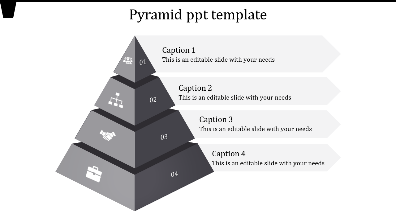 Gray 3D pyramid diagram with four labeled tiers, icons, and captions for PowerPoint presentations.