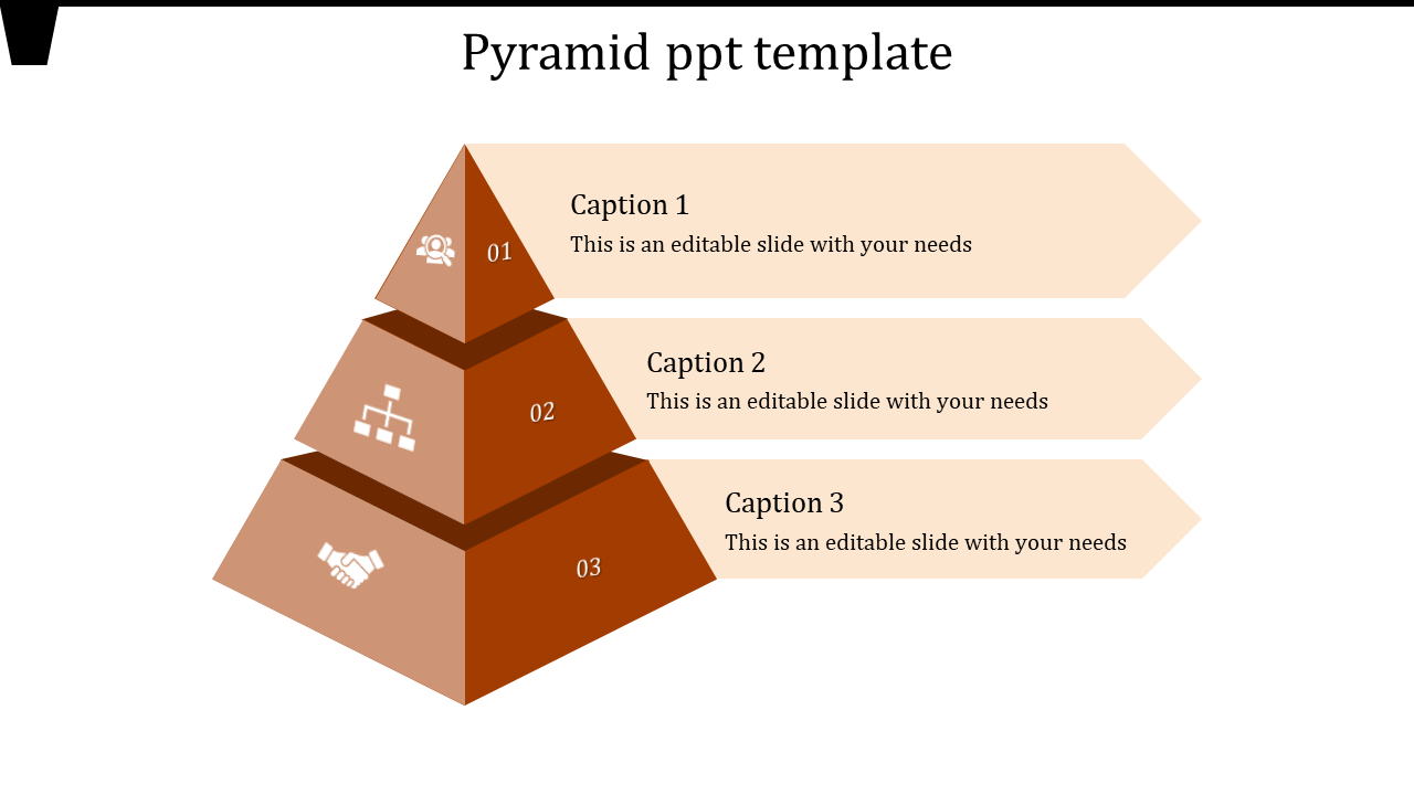 Brown pyramid diagram slide with three layers, each with icons and captions.