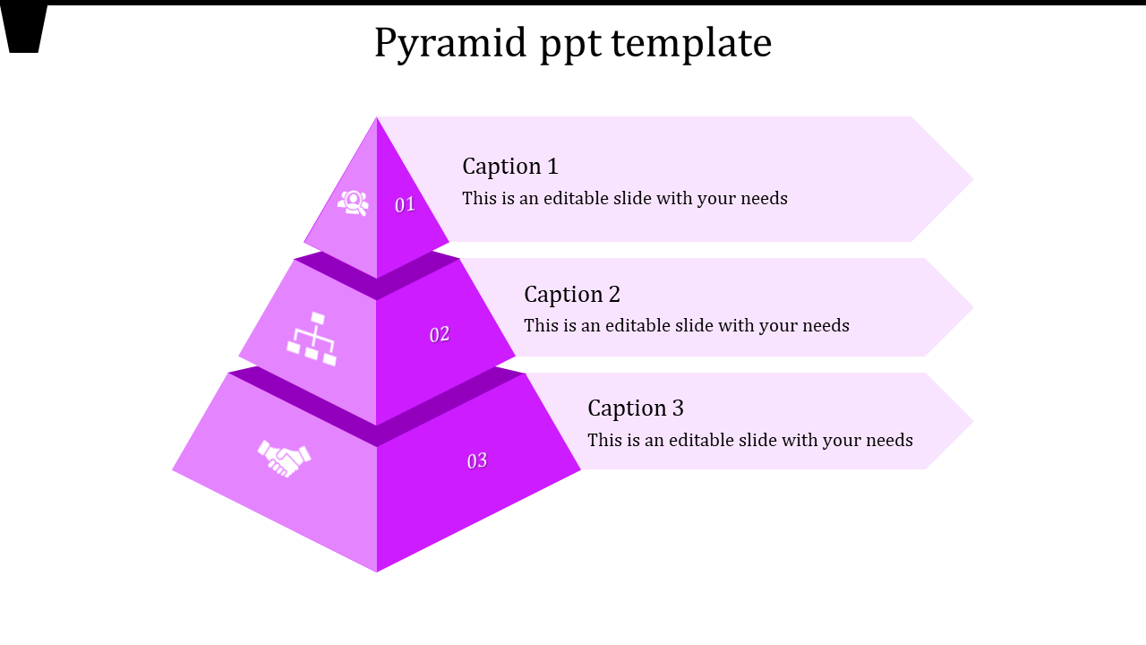 A purple pyramid template with three sections, each representing a step, with corresponding icons and text areas.