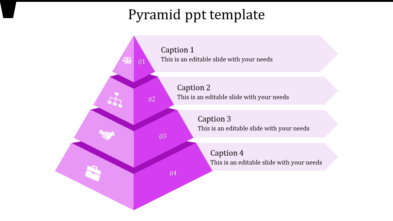 Layered purple pyramid graphic with numerical labels 01 to 04 and icons for business concepts, accompanied by captions.