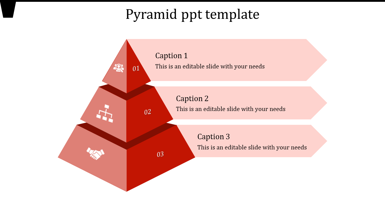 Red pyramid with three sections, each labeled with icons and numbers, paired with text on pink arrows to the right.