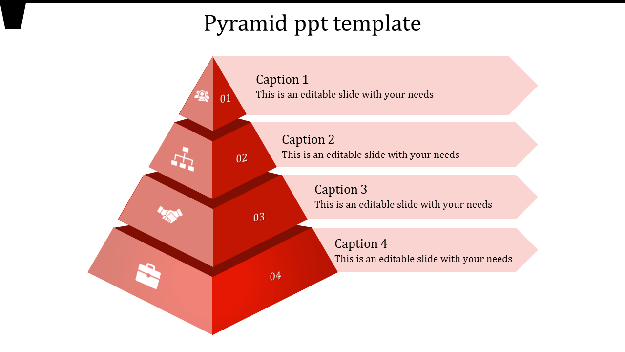 A red pyramid template with four sections, each representing a different step in a process, with caption areas.