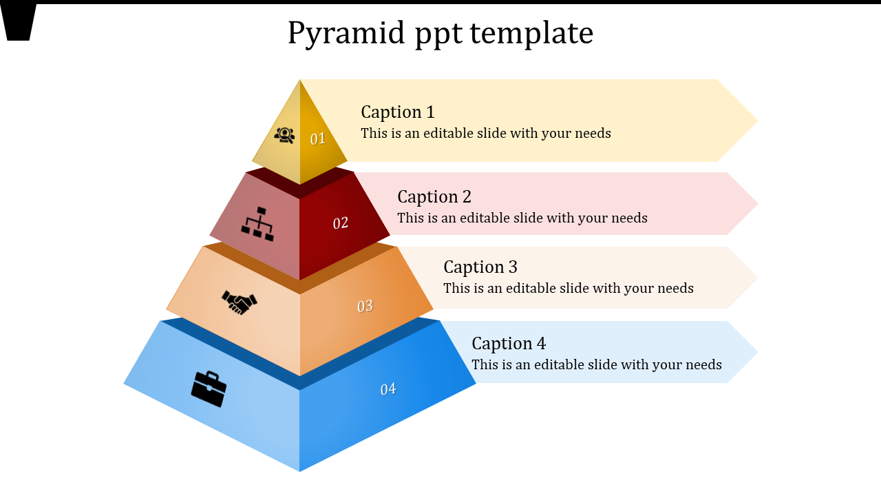 Pyramid PowerPoint slide showing four stages with icons representing business steps with captions.