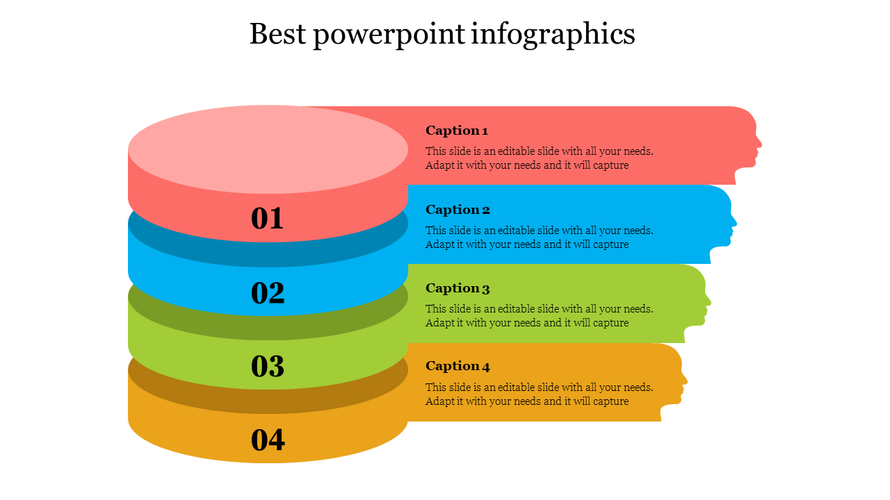 Infographic slide showing four colorful stacked layers with labeled steps, from 01 to 04, each with a corresponding caption.