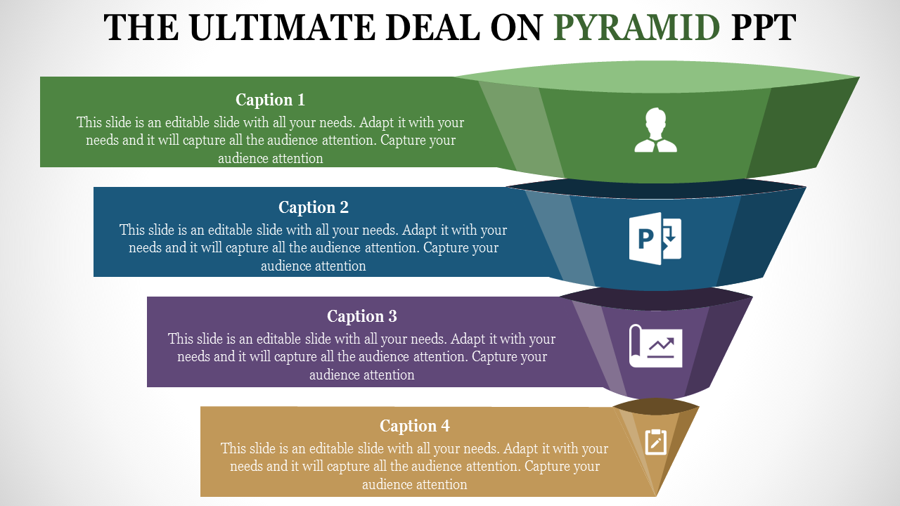 Layered pyramid infographic in green, blue, purple, and gold sections, each with captions and icons.