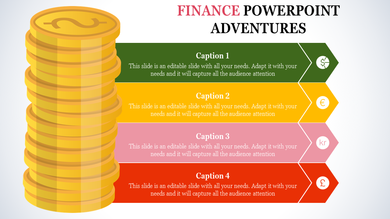 Finance PowerPoint template with stacked coins and colorful arrows representing different currencies with captions.