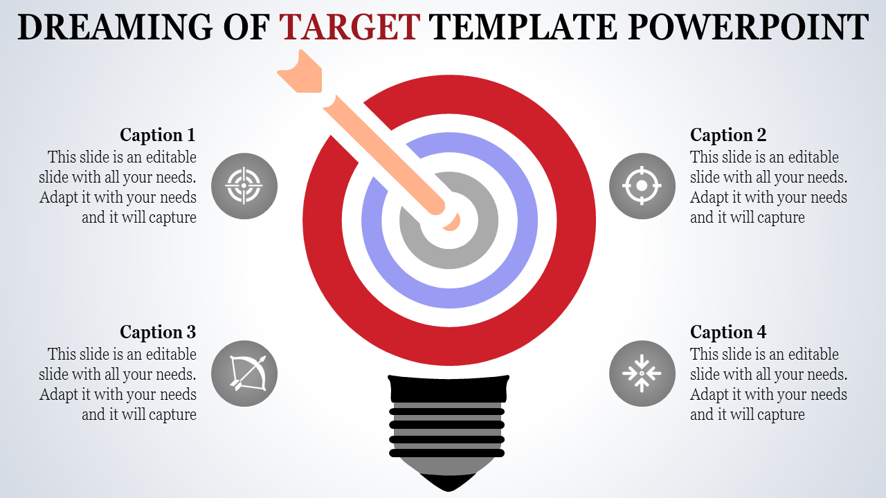 PowerPoint slide with a target symbol and an arrow hitting the center of the bullseye with captions and placeholder text.