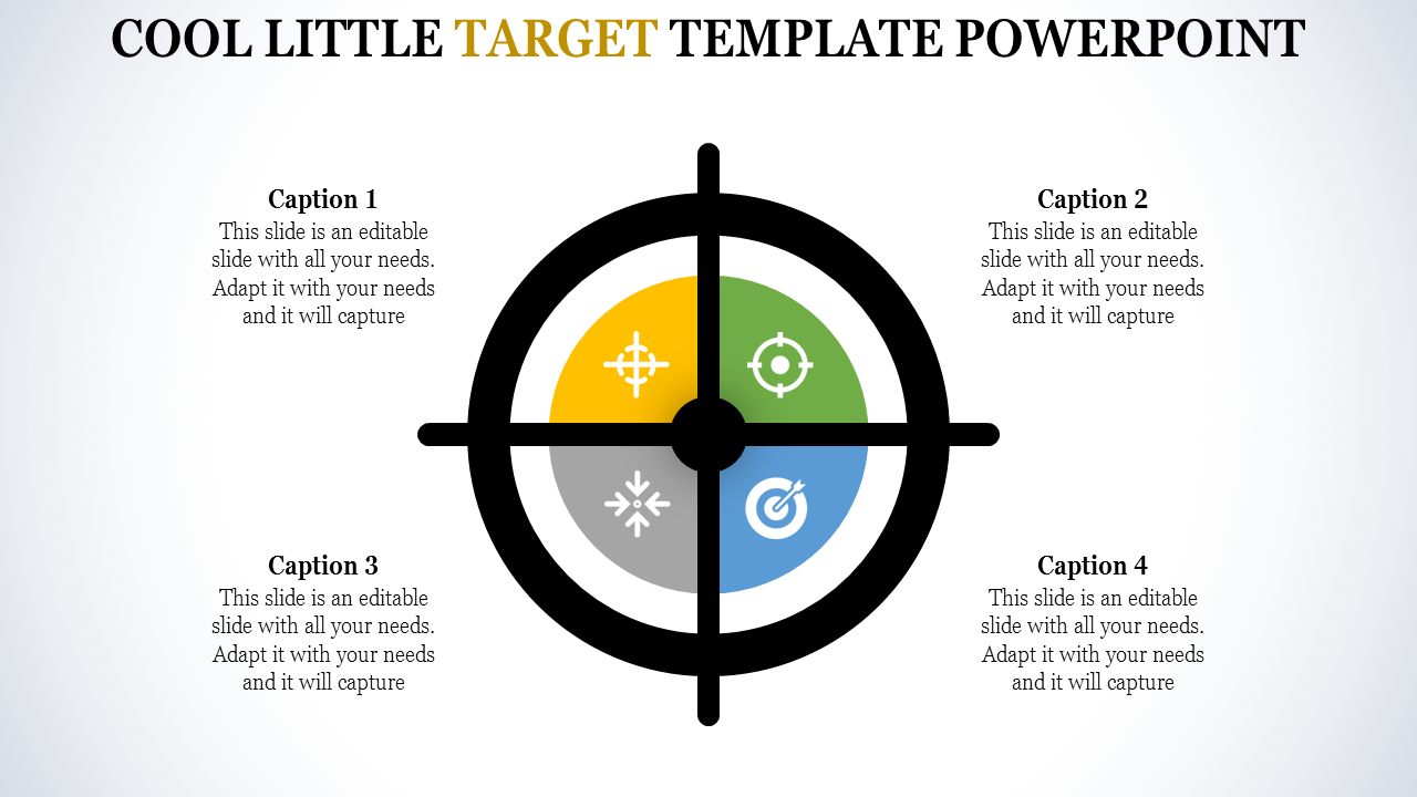 Slide featuring a black circular target design with four quadrants in yellow, green, gray, and blue, surrounded by captions.