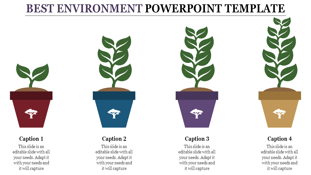 Best environment PowerPoint slide featuring four potted plants in different colored pots, each with a caption.