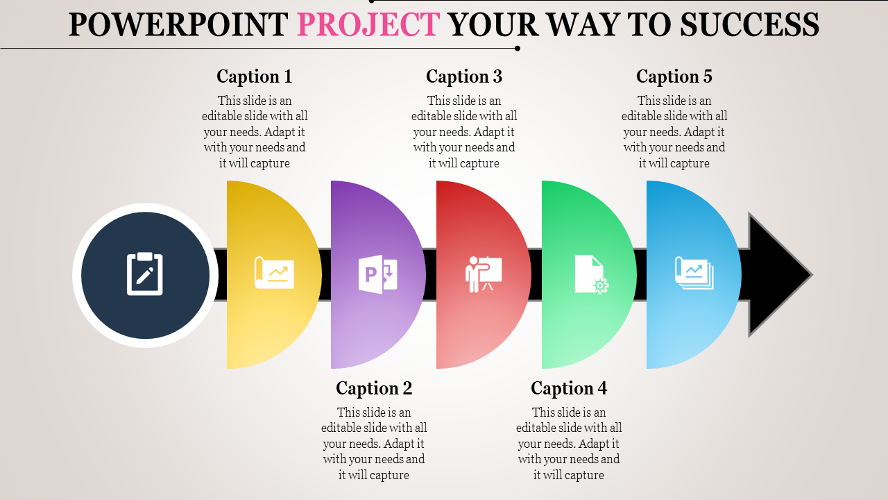 PPT template illustrating a project process with five steps, each represented by a colorful icon with captions.