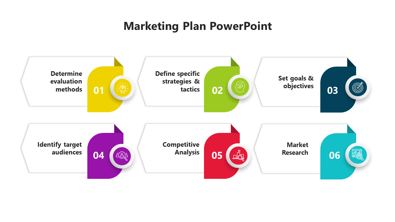 Marketing plan PowerPoint template with steps like defining strategies, setting goals, and conducting market research.