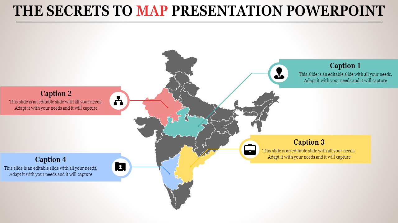 Map of India with four color-coded sections and with four caption boxes each with placeholder text.