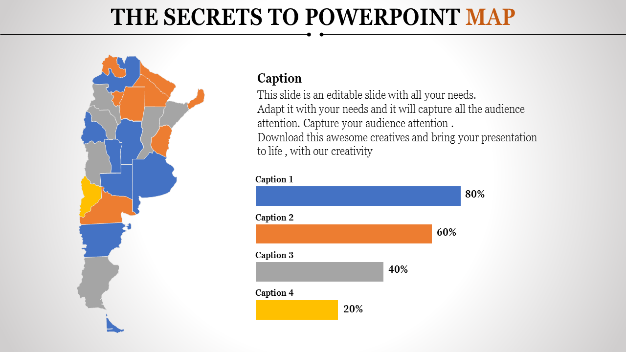 Map with regions in blue, orange, yellow, and gray next to horizontal bar charts in matching colors with percentages.