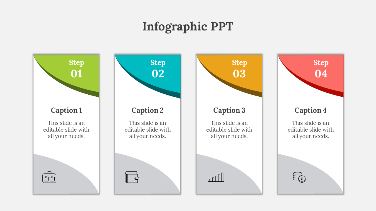 Infographic PowerPoint slide with four steps outlined, each with an icon and captions.