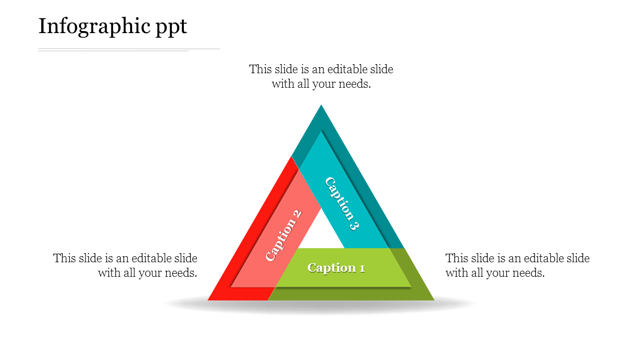 Infographic PowerPoint slide with a triangle divided into three sections, each with a caption.