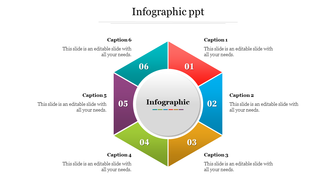 Infographic PowerPoint slide with six colorful sections around a central label, each containing a caption.