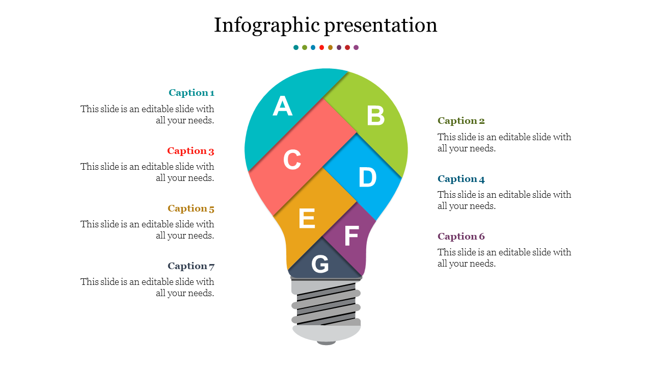 Lightbulb infographic with seven colorful segments labeled A to G, captions on both sides.