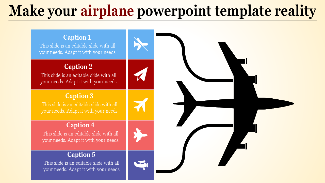 Airplane PowerPoint template featuring sections for captions and airplane illustrations with icons.