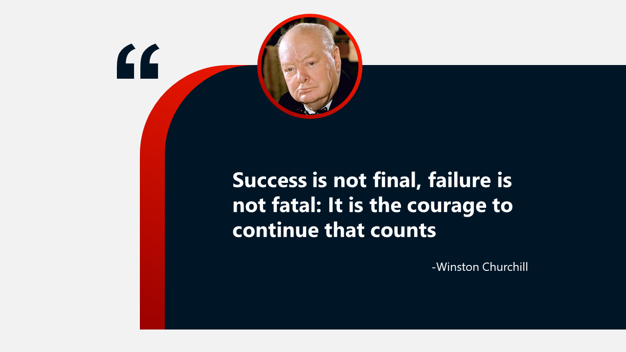 Slide featuring a quote by Winston Churchill, with a photo of him and a design including a red frame and dark background.