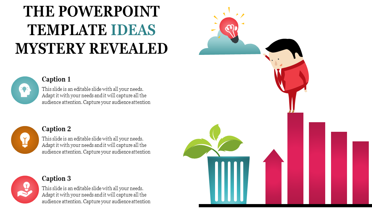 PowerPoint template featuring an illustration of a person observing growth with a light bulb idea and captions.