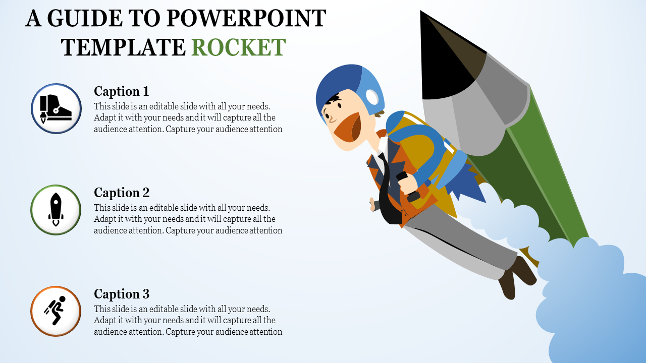 Rocket themed PowerPoint template with captions and icons with placeholder text.