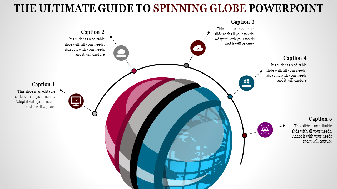 A PowerPoint slide featuring a spinning globe with numbered captions and icons.