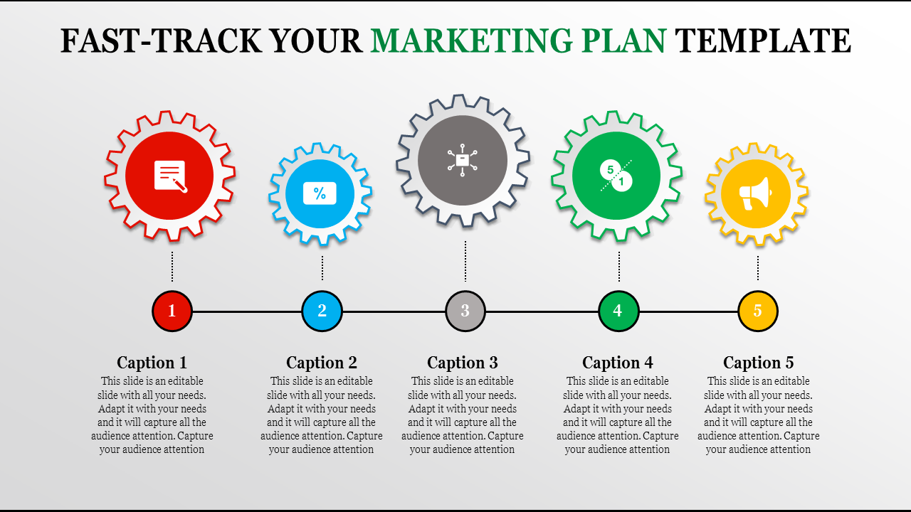 PowerPoint template for a marketing plan with colorful gear icons and numbered steps with captions.