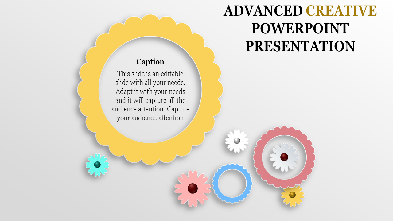 Creative slide design with a yellow scalloped circle centerpiece, surrounded by colorful floral shapes.