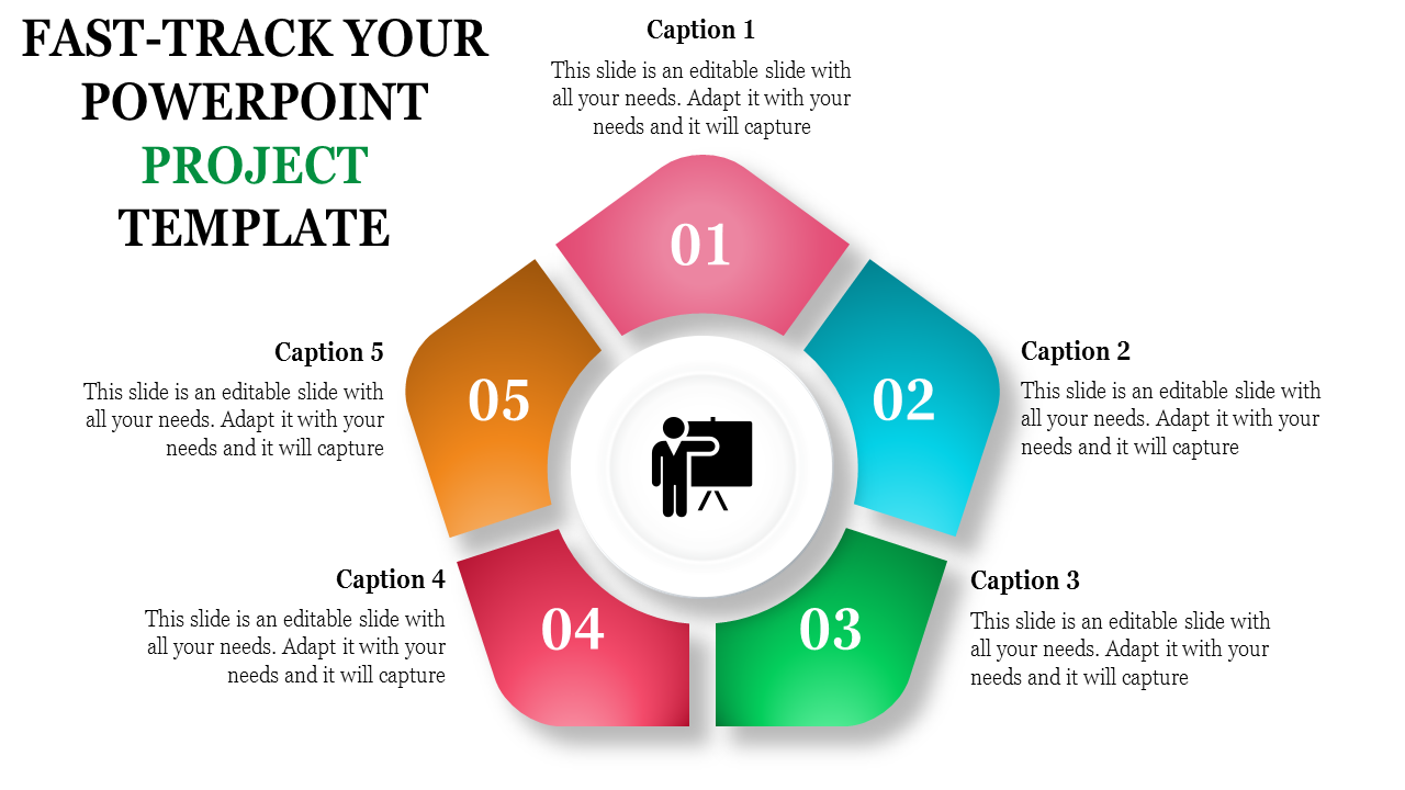 Pentagonal infographic with five colorful segments in pink, teal, green, red, and orange surrounding a central circular icon.