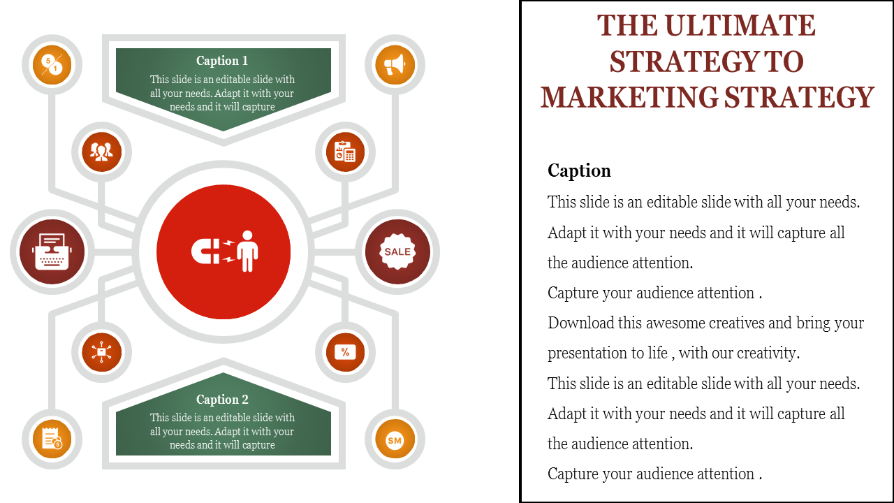 PowerPoint slide showing a central magnet with marketing related icons around it with captions.