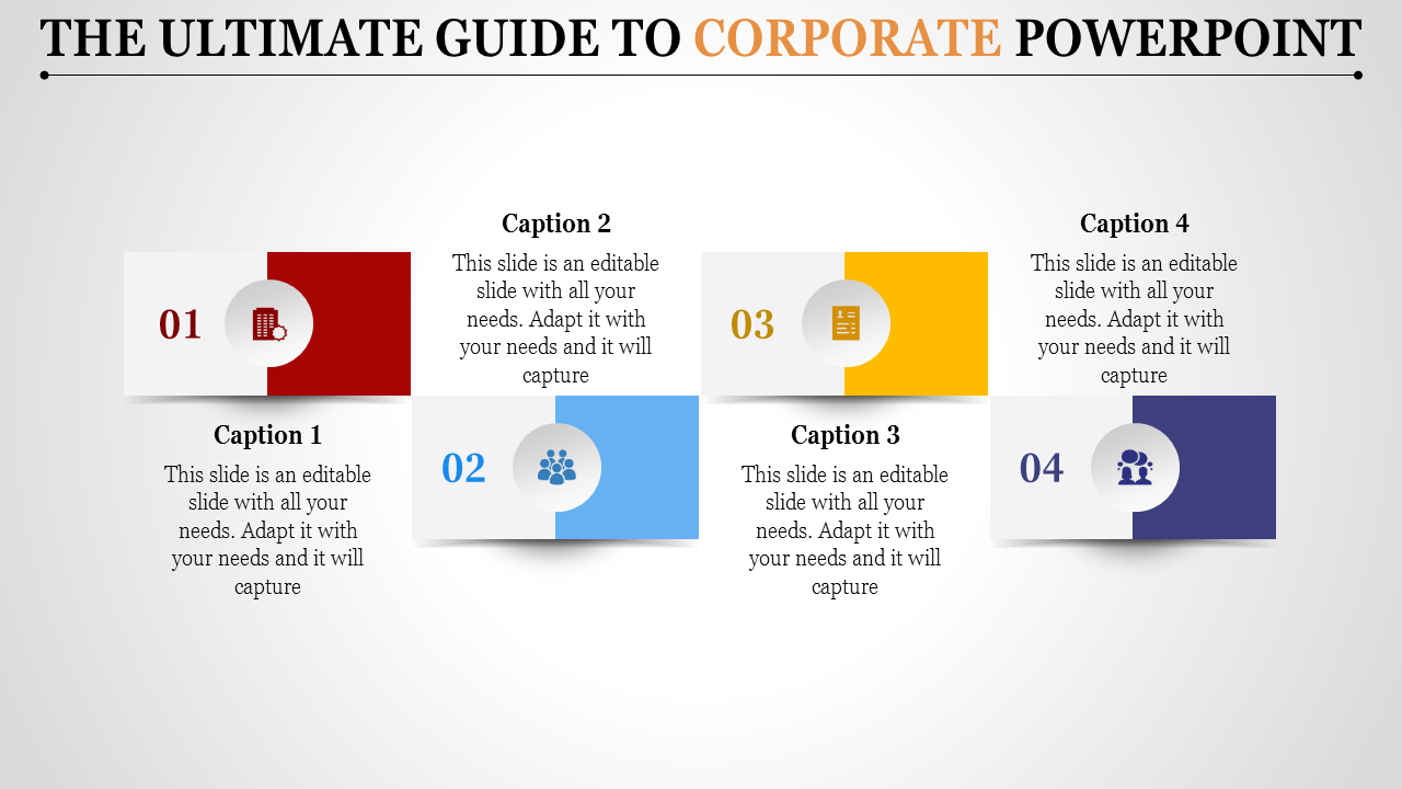 Corporate PowerPoint slide with four sections featuring icons for business, people, documents, and analysis with text area.