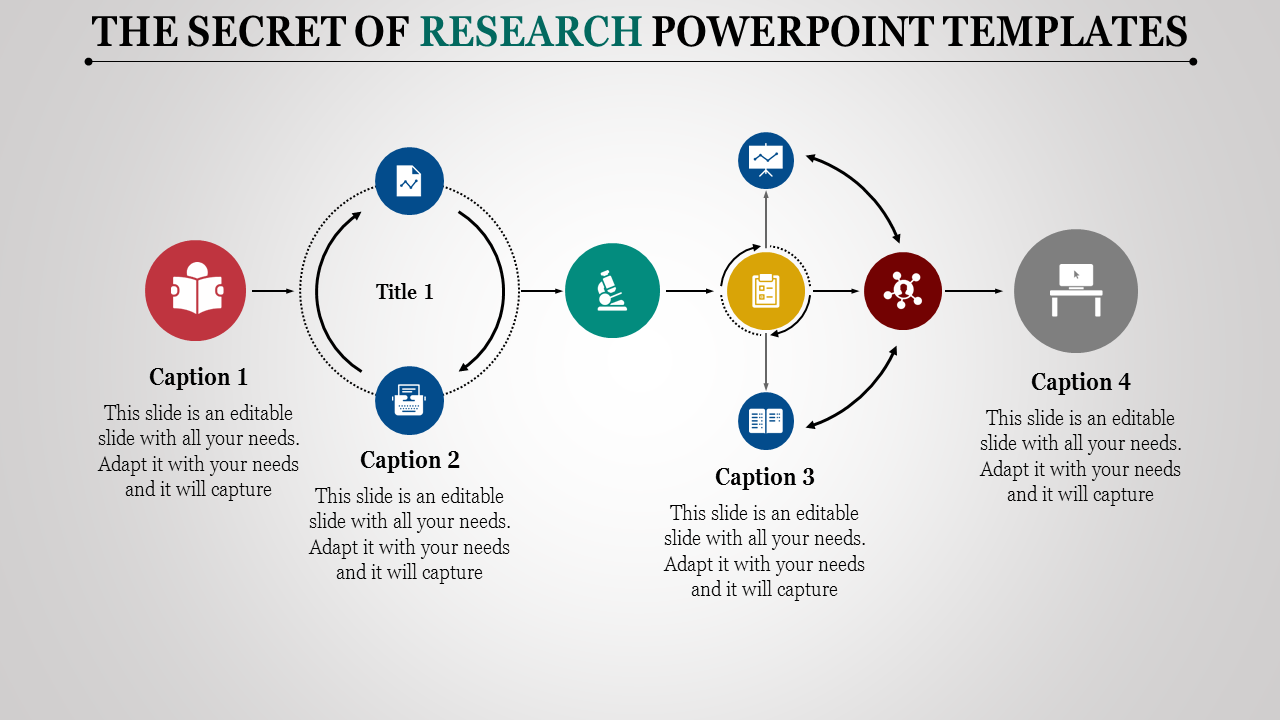 Research slide with circular flow design, feauring colorful icons, and central title section on a white background.