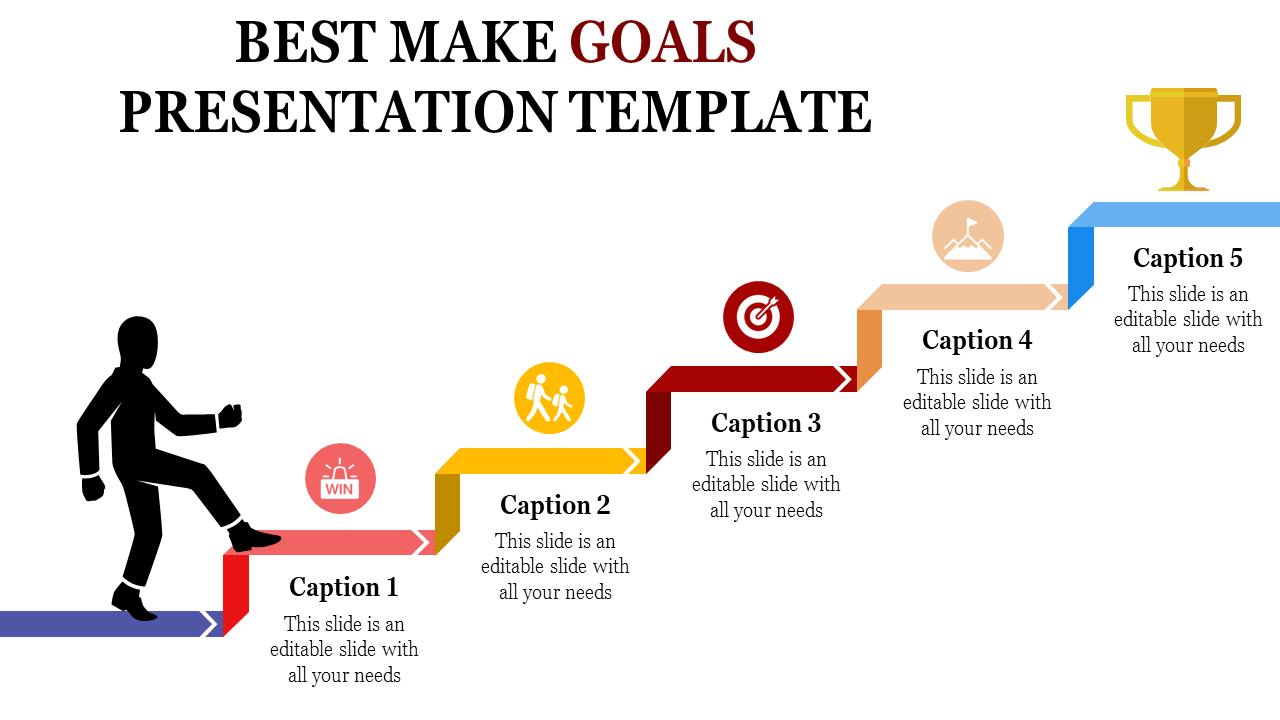 Goal achievement template featuring a figure on a staircase, progressing through five stages to a trophy.