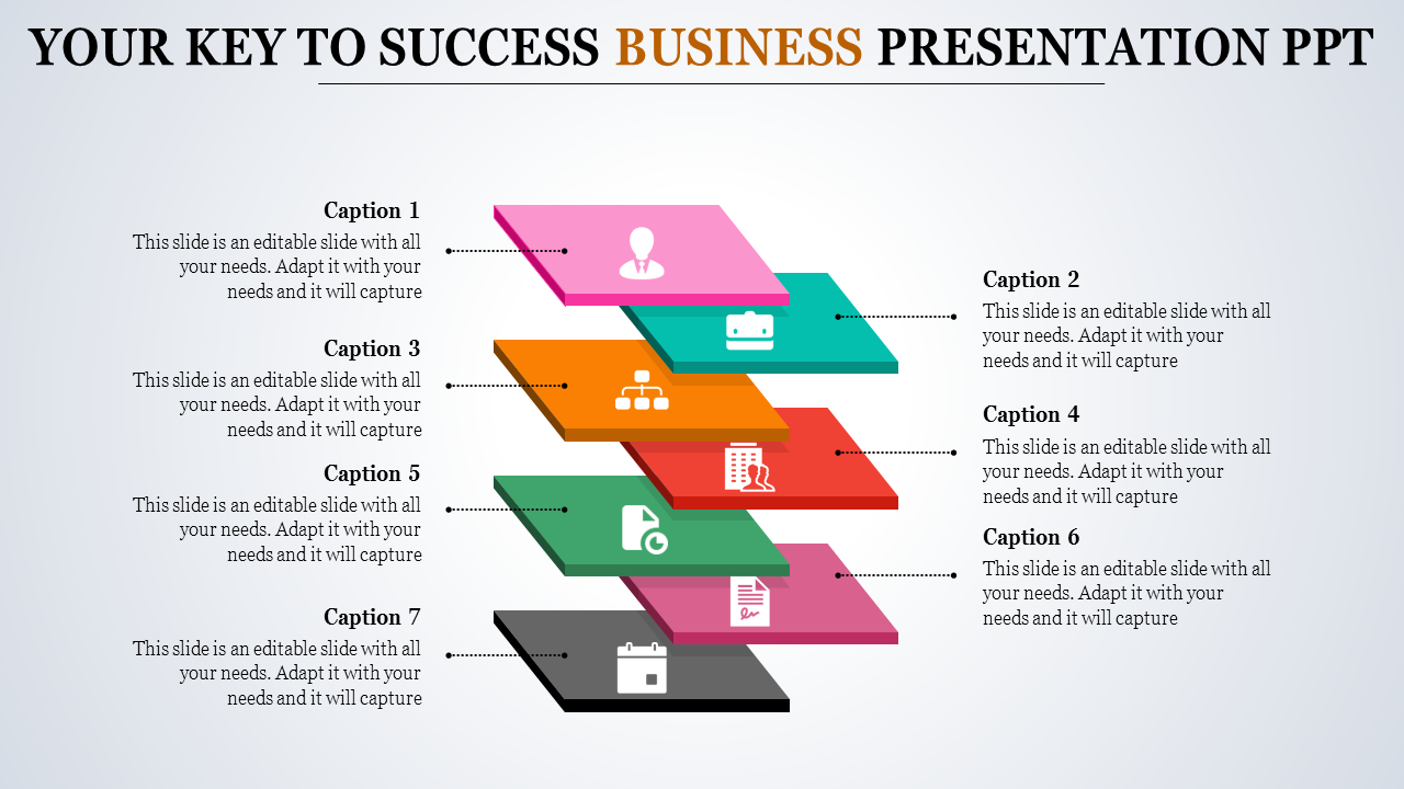 Business PPT template featuring stacked, colorful square blocks with icons representing different business concepts.