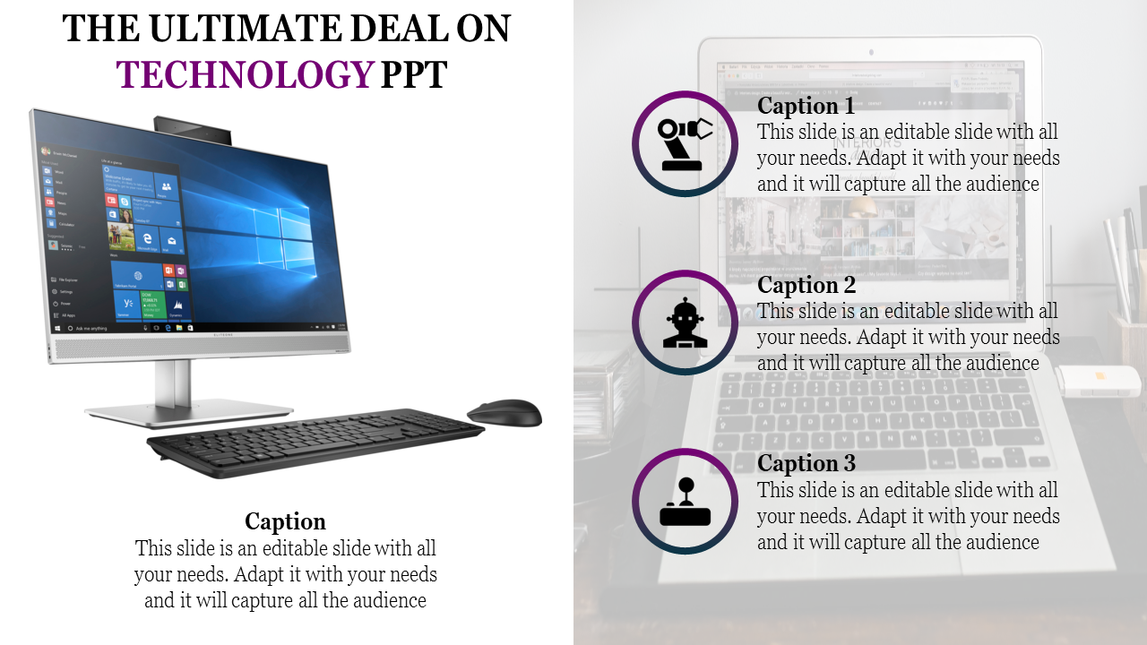 Technology PowerPoint template showcasing a desktop computer on the left and a laptop with captions on the right.